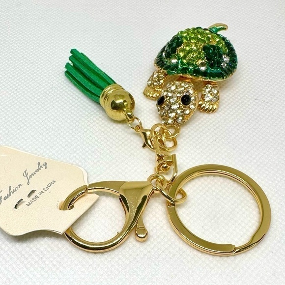 Green Crystal Bling Turtle Keychain/Bag Charm w/ Tassel - Picture 2 of 2